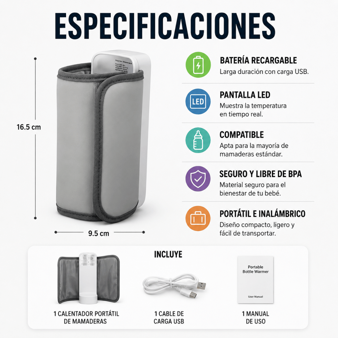 Calentador Portátil de Mamaderas - Mantén la Mamadera a la Temperatura Ideal Donde Vayas