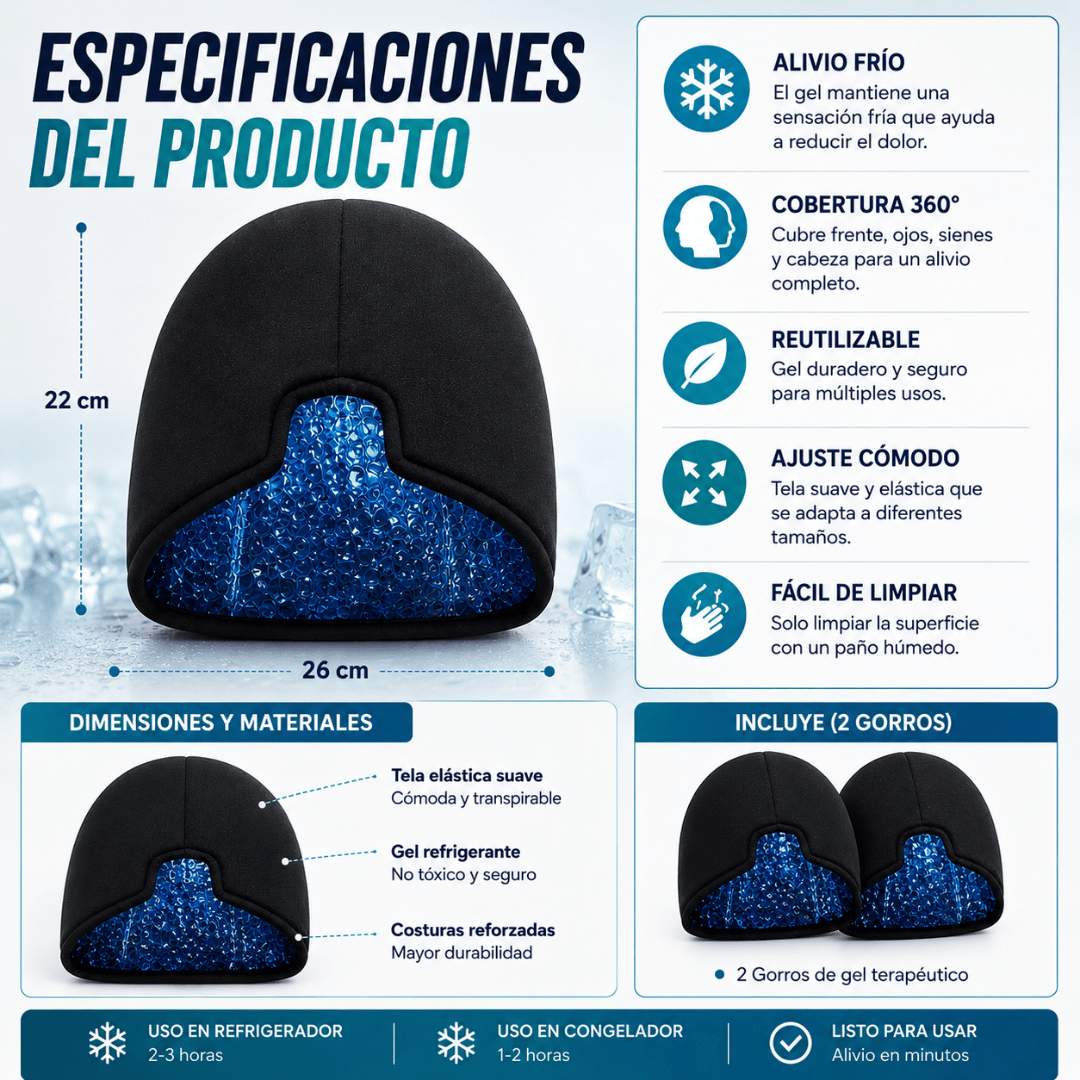 Gorro de Gel Alivio Migraña - Descanso frío y cómodo para aliviar migrañas y estrés