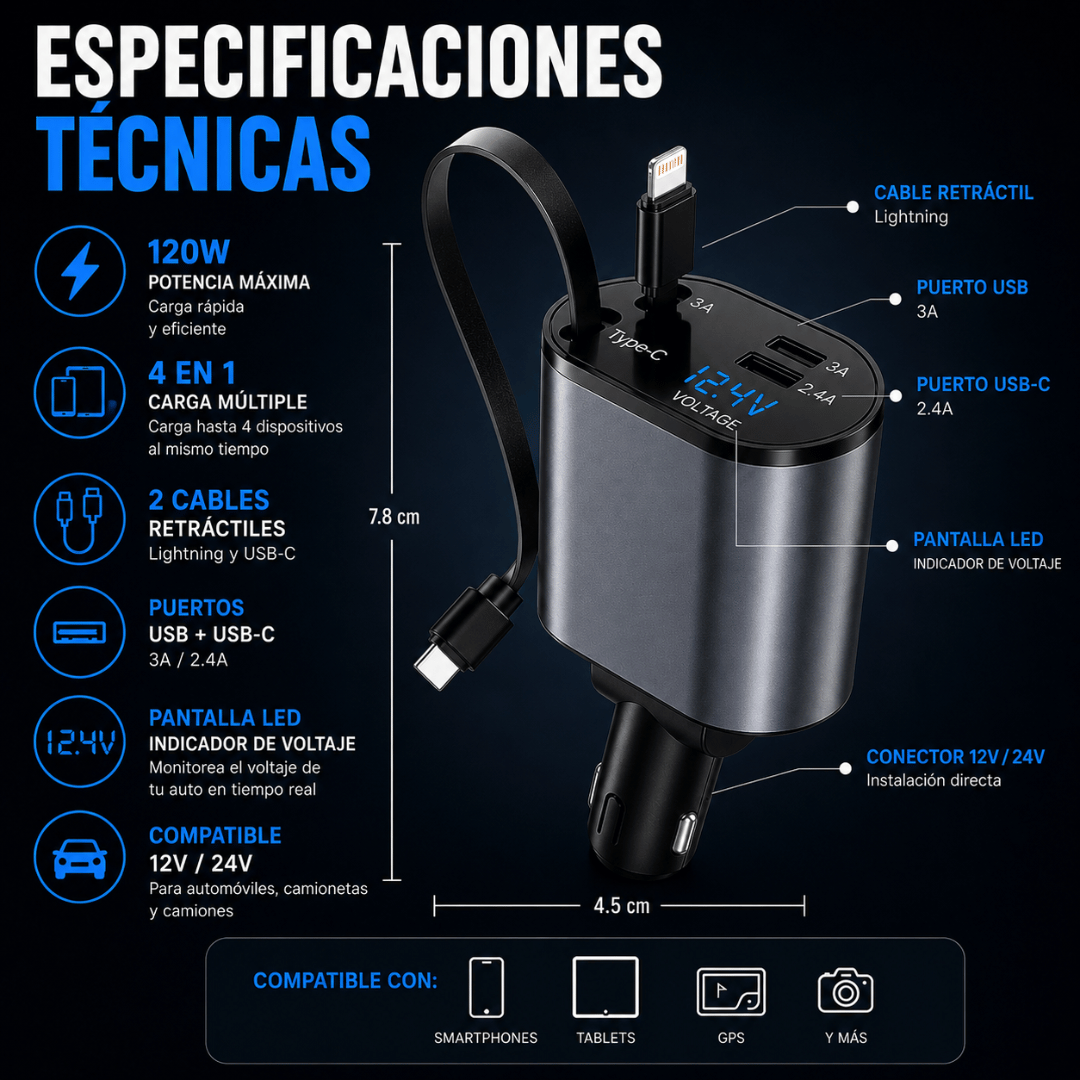 Cargador para Carro Retráctil 4 en 1 120W – Carga 4 Equipos Sin Cables Enredados