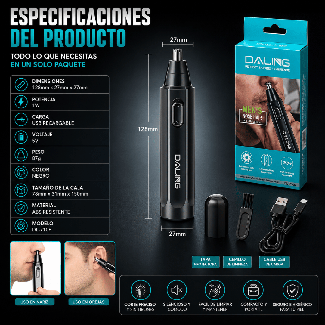 Depiladora Nariz Y Orejas Recargable USB Daling - Higiene facial rápida, cómoda y totalmente segura