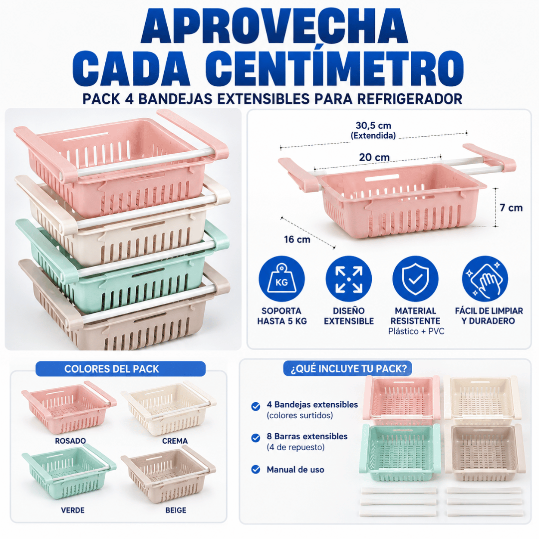 ¡Pack 4 Bandejas Extensibles para Refrigerador! - Duplica el espacio útil y mantiene tu refrigerador siempre organizado