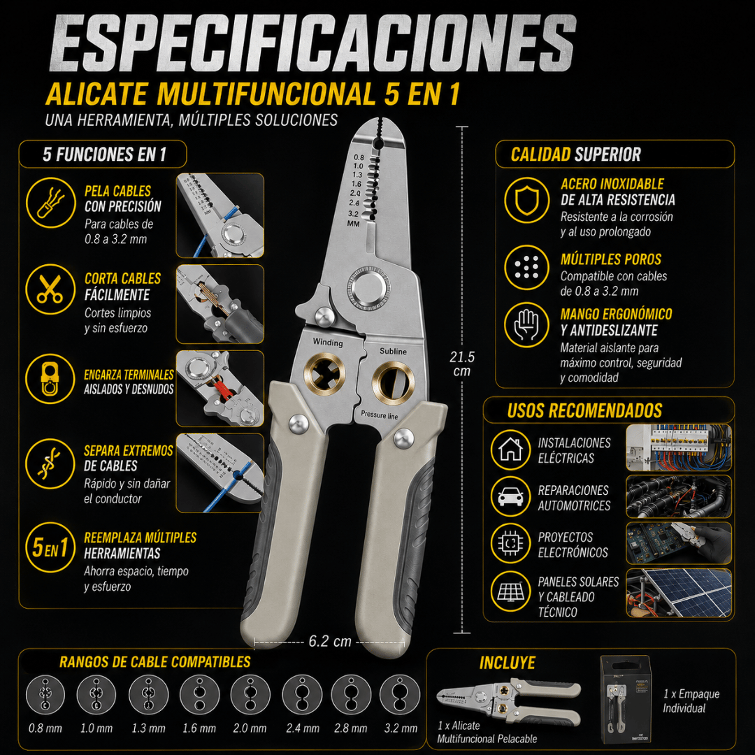 Alicate Multifuncional 5 en 1 - Pela y corta cables con precisión sin dañarlos