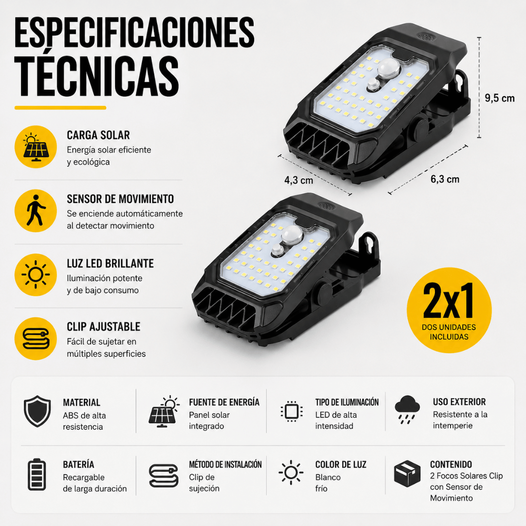 ¡Promo 2x1 Foco Solar Clip con Sensor de Movimiento! - Ilumina cualquier espacio exterior sin cables ni instalaciones