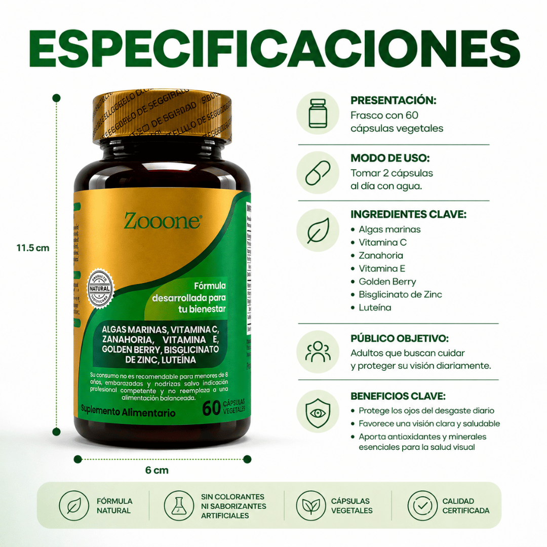 Zooone™ 60 Cápsulas - Nutrición ocular diaria para ver nítido y sin cansancio - 100% Natural
