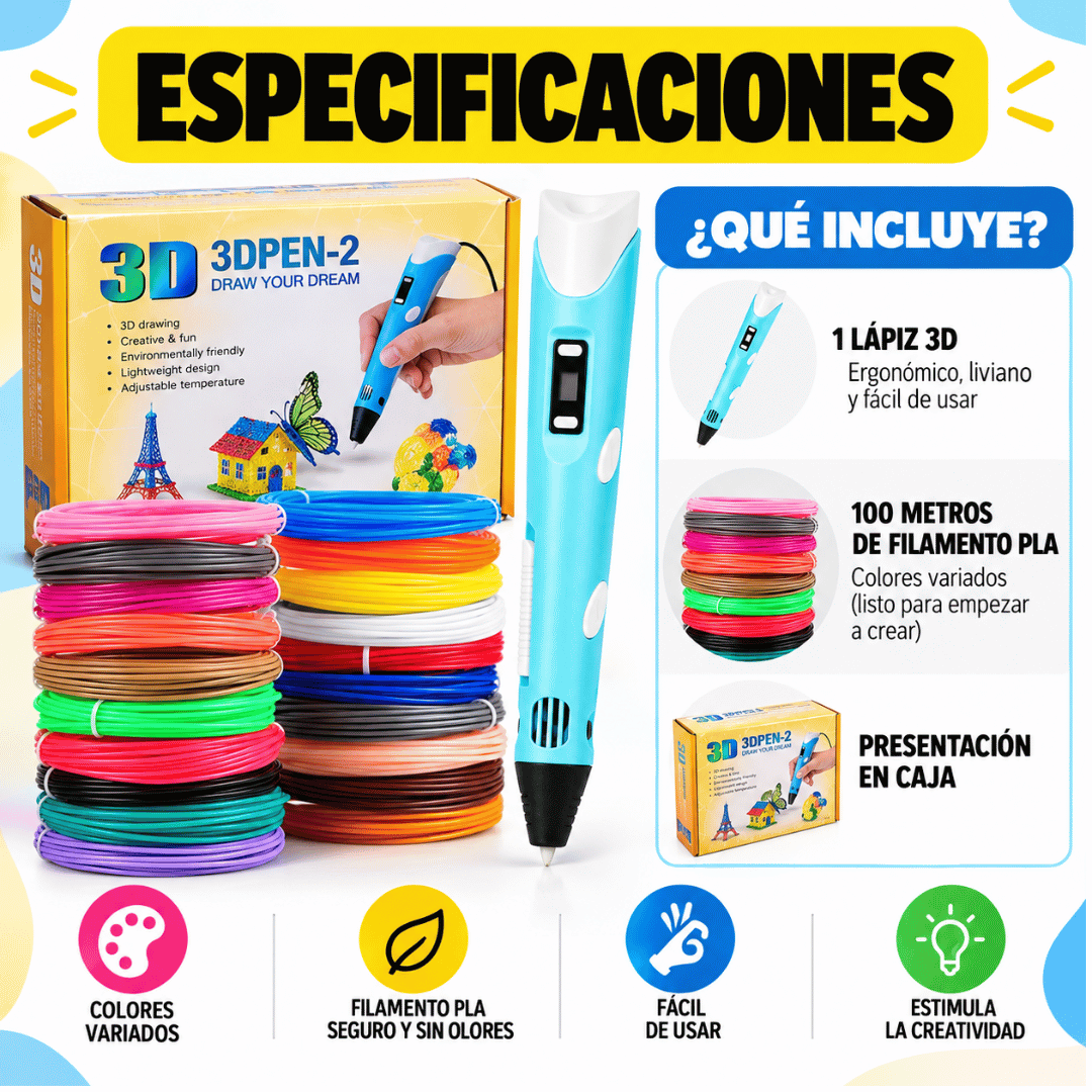 ¡Promo Lapiz 3D + 100 Metros Filamentos! - Diversión creativa para transformar ideas en figuras 3D