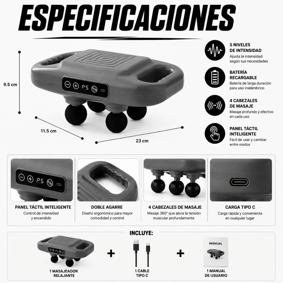 Masajeador De Relajación Muscular 4 Cabezales - Alivia la tensión muscular y relaja tu cuerpo en minutos