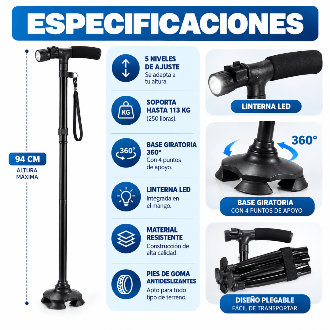 Baston Ortopedico Retractil LED - Seguridad y soporte para caminar con mayor confianza