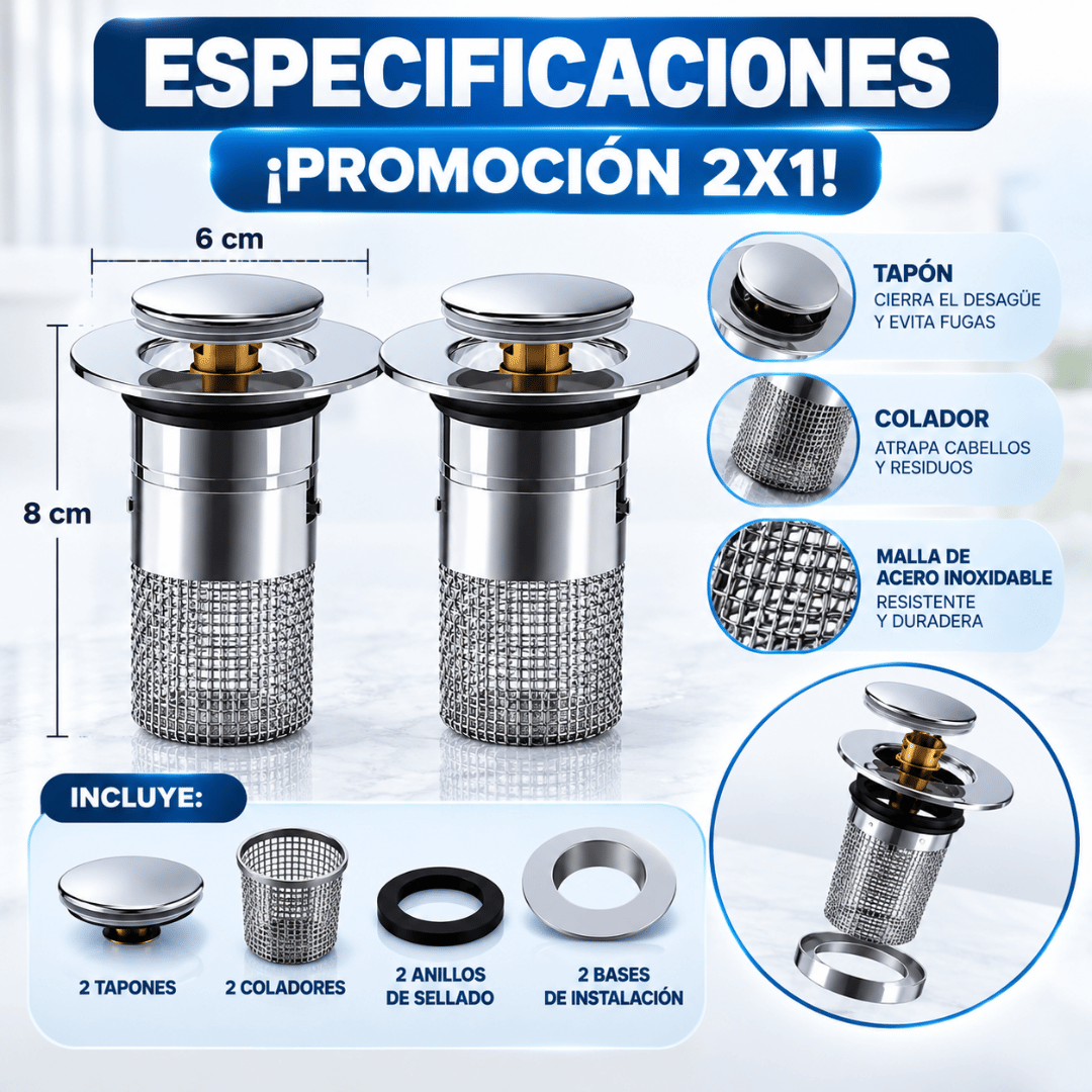 ¡Promo 2x1 Filtro de Desagüe con Malla de Acero! - Evita obstrucciones y mantén tu lavamanos libre de residuos