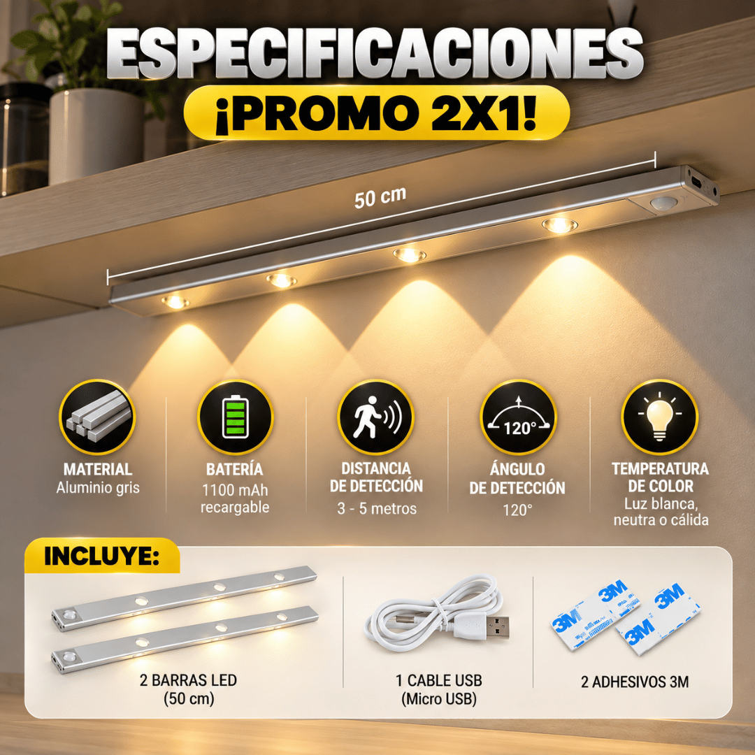 ¡Promo 2x1 Barra LED Moderna con Sensor de Movimiento 50cm! - Iluminación automática justo cuando la necesitas