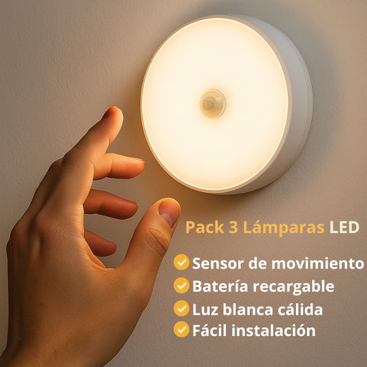 Pack x3 Lámparas LED Recargable con Sensor Movimiento - ¡Ilumina tus espacios!