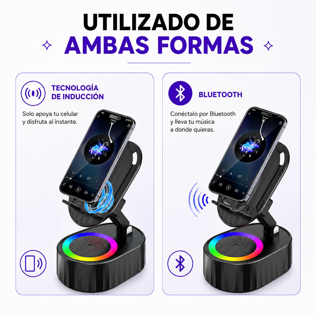 Soporte Parlante Inteligente de Inducción/Bluetooth - Disfruta tu música por inducción o Bluetooth en segundos