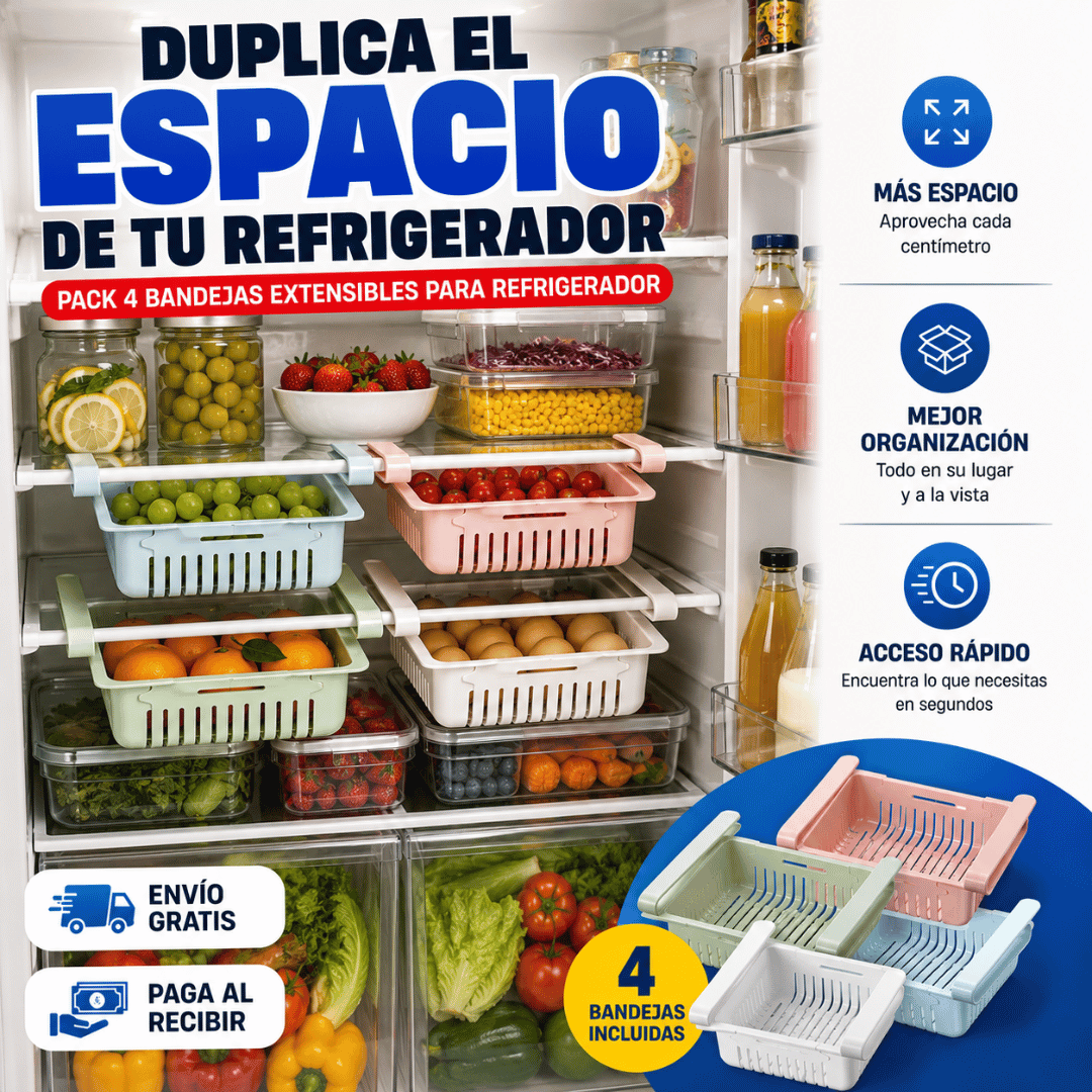 ¡Pack 4 Bandejas Extensibles para Refrigerador! - Duplica el espacio útil y mantiene tu refrigerador siempre organizado
