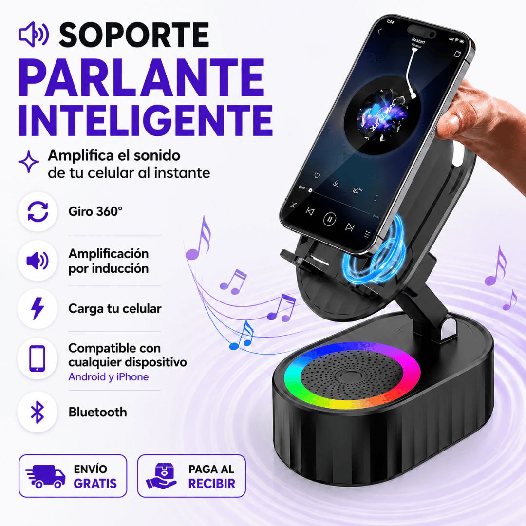 Soporte Parlante Inteligente de Inducción/Bluetooth - Disfruta tu música por inducción o Bluetooth en segundos