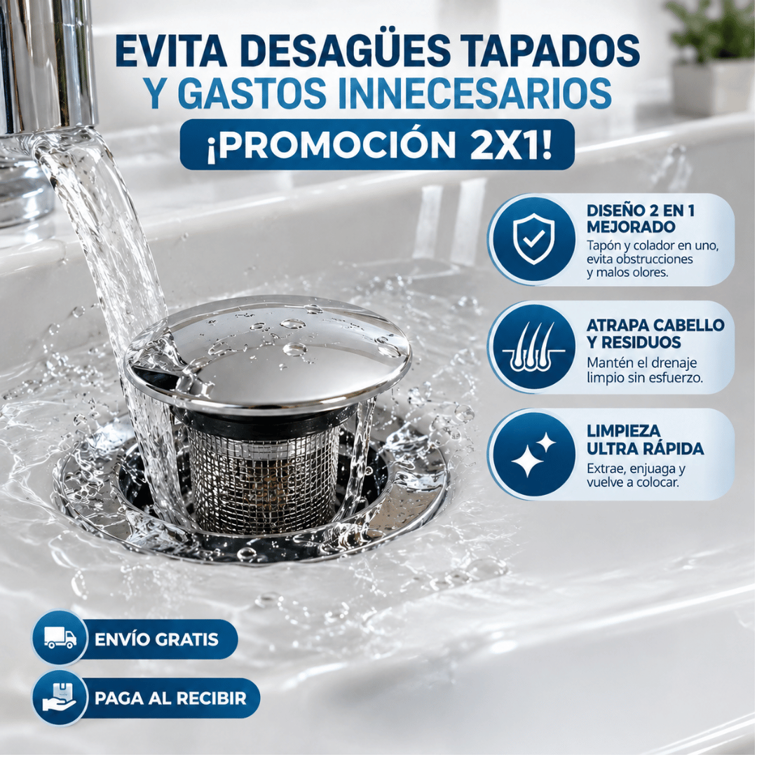 ¡Promo 2x1 Filtro de Desagüe con Malla de Acero! - Evita obstrucciones y mantén tu lavamanos libre de residuos
