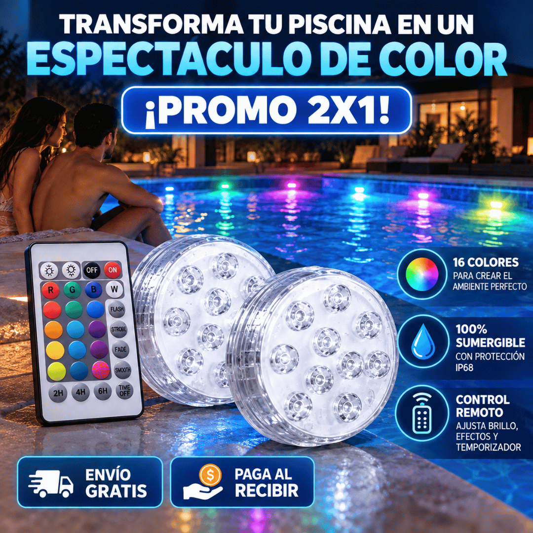 ¡Promo 2x1 Luces Sumergibles LED + Control! - Transforma tu piscina de noche con iluminación RGB llena de color