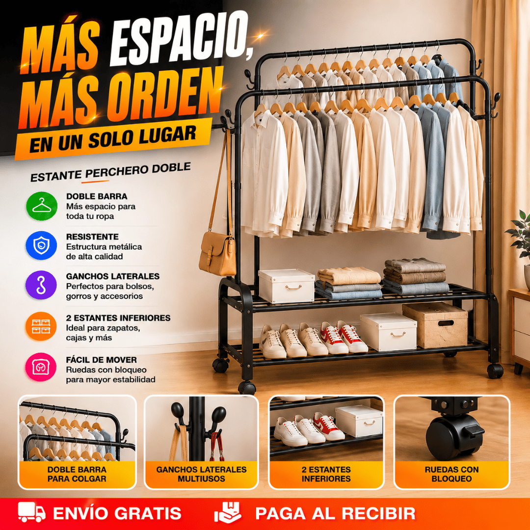 Perchero Metálico Doble Barra Con Ruedas - Organizador de Ropa y Zapatos | Más Espacio, Más Orden
