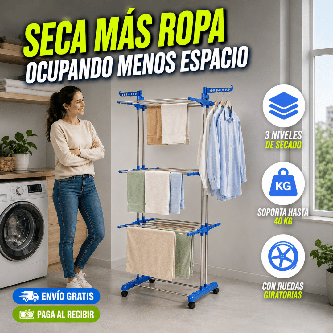 Tendedero Plegable 3 Niveles con Ruedas - Gana espacio y seca grandes cargas de ropa de forma práctica.