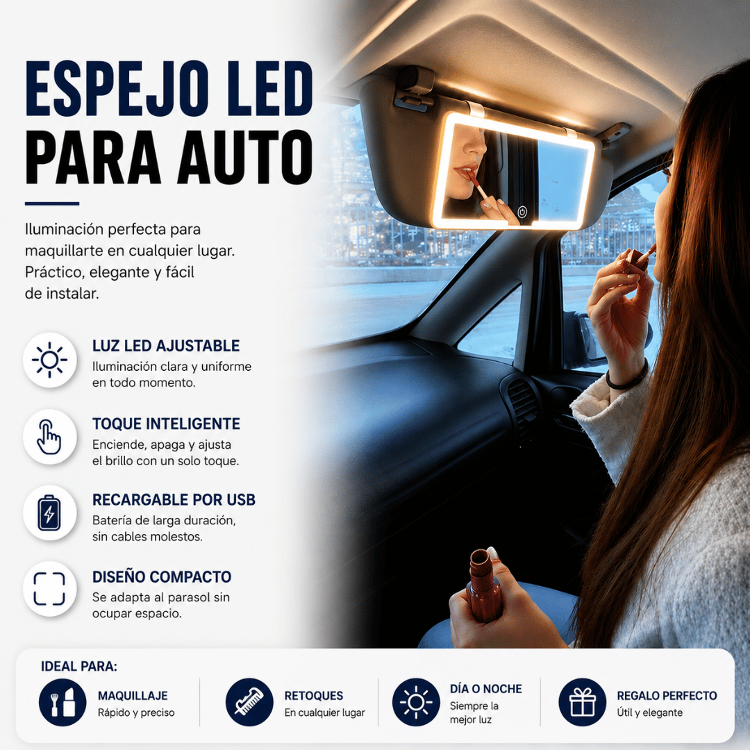 Espejo De Maquillaje LED Auto - Iluminación ideal para maquillarte en el auto