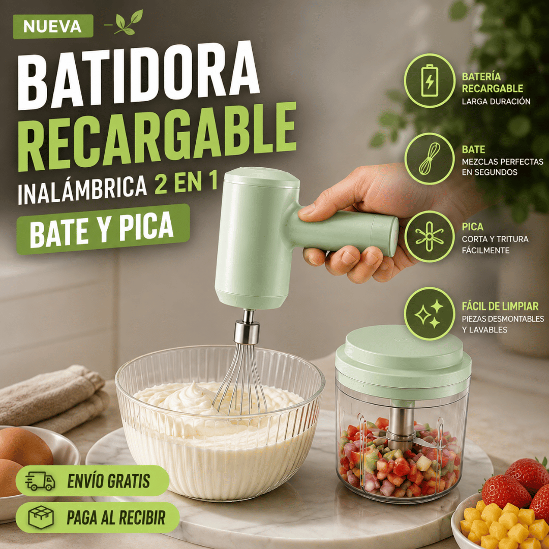Batidora Eléctrica Inalámbrica 2 en 1 - Bate y pica tus preparaciones en segundos y sin esfuerzo