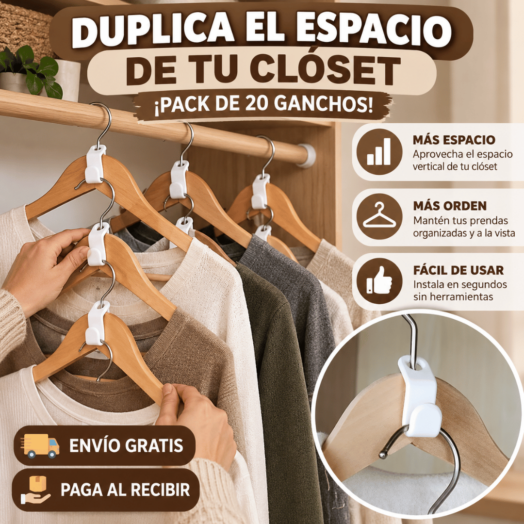 ¡Pack 20 Ganchos Organizadores Closet! - Multiplica el espacio disponible de tus perchas
