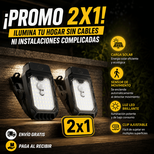 ¡Promo 2x1 Foco Solar Clip con Sensor de Movimiento! - Ilumina cualquier espacio exterior sin cables ni instalaciones