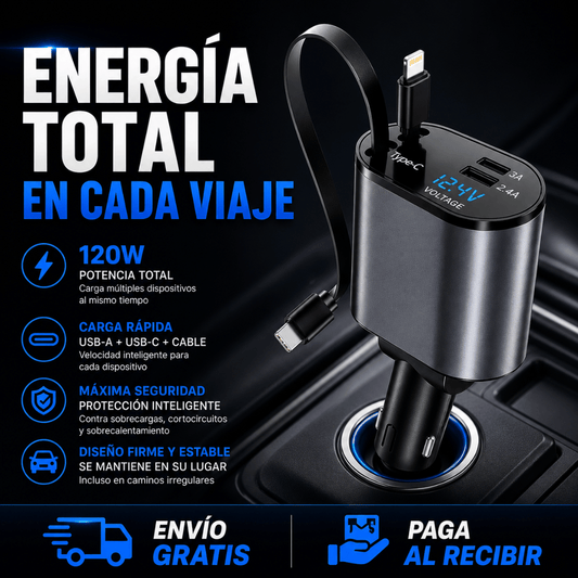 Cargador para Carro Retráctil 4 en 1 120W – Carga 4 Equipos Sin Cables Enredados