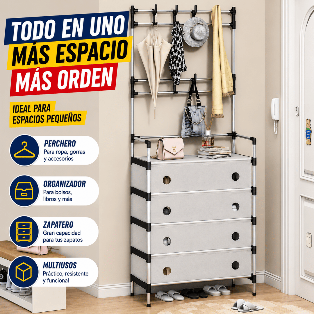 Perchero Organizador 3 en 1 - Organiza zapatos, abrigos y accesorios en un solo lugar