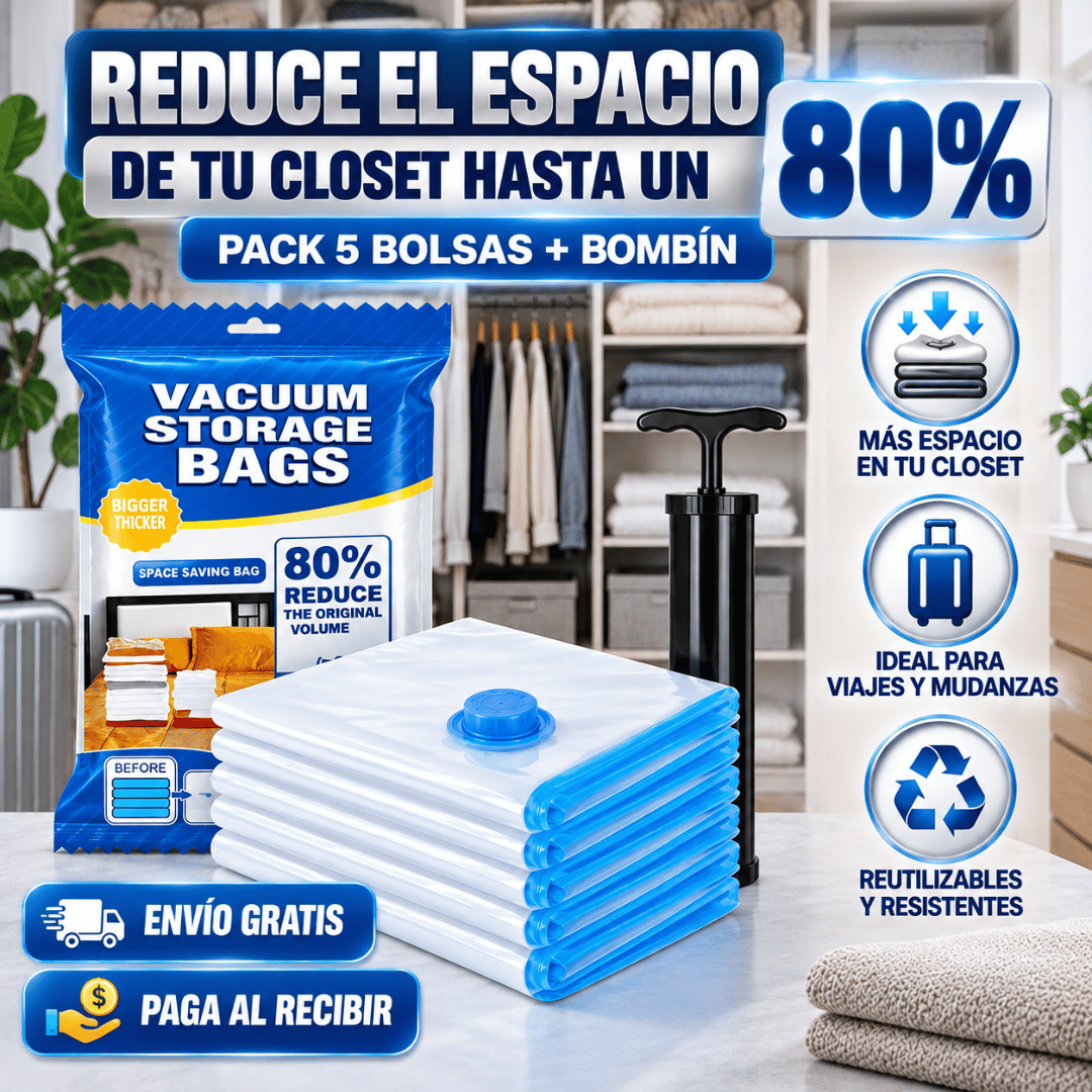 Pack 5 Bolsas De Vacío + Bombín - Más espacio en tu clóset comprimiendo ropa y textiles