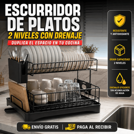 Escurridor de Platos 2 Niveles con Drenaje - Duplica el Espacio y Mantén tu Cocina Siempre Ordenada