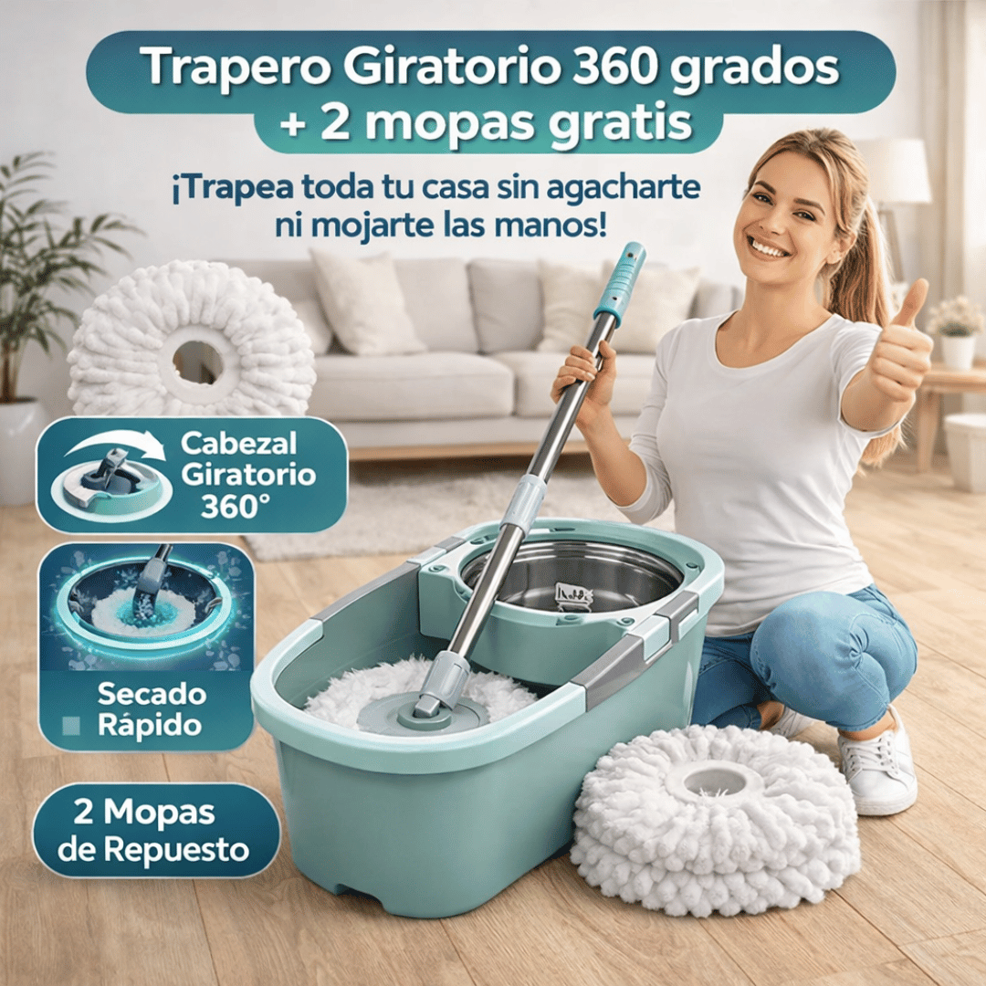 ¡Promo Balde con Mopa Giratoria 360 + 2 Mopas extra de regalo 🎁!