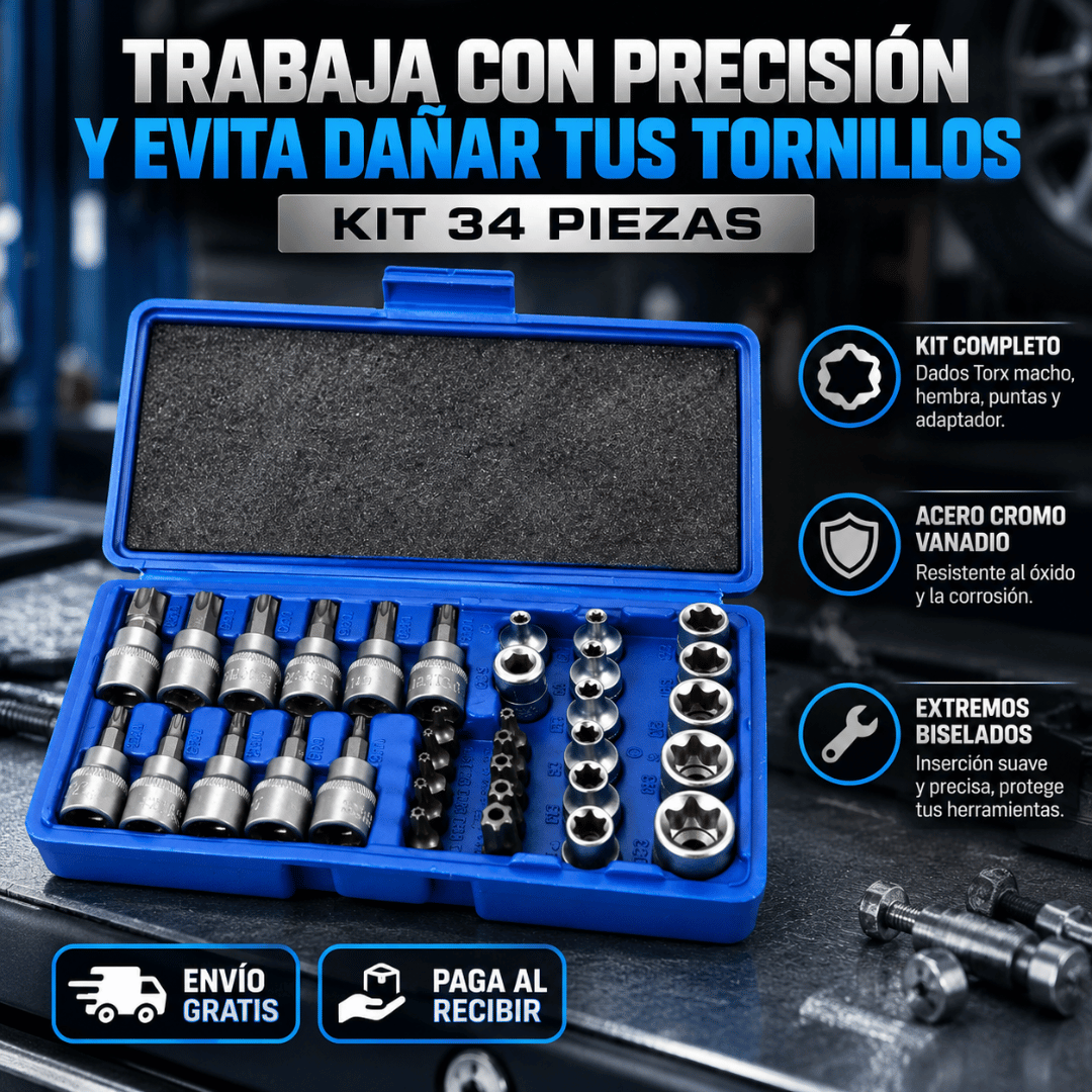Juego Dados Hembra Macho 34 Piezas - Afloja y ajusta tornillos Torx con precisión y seguridad