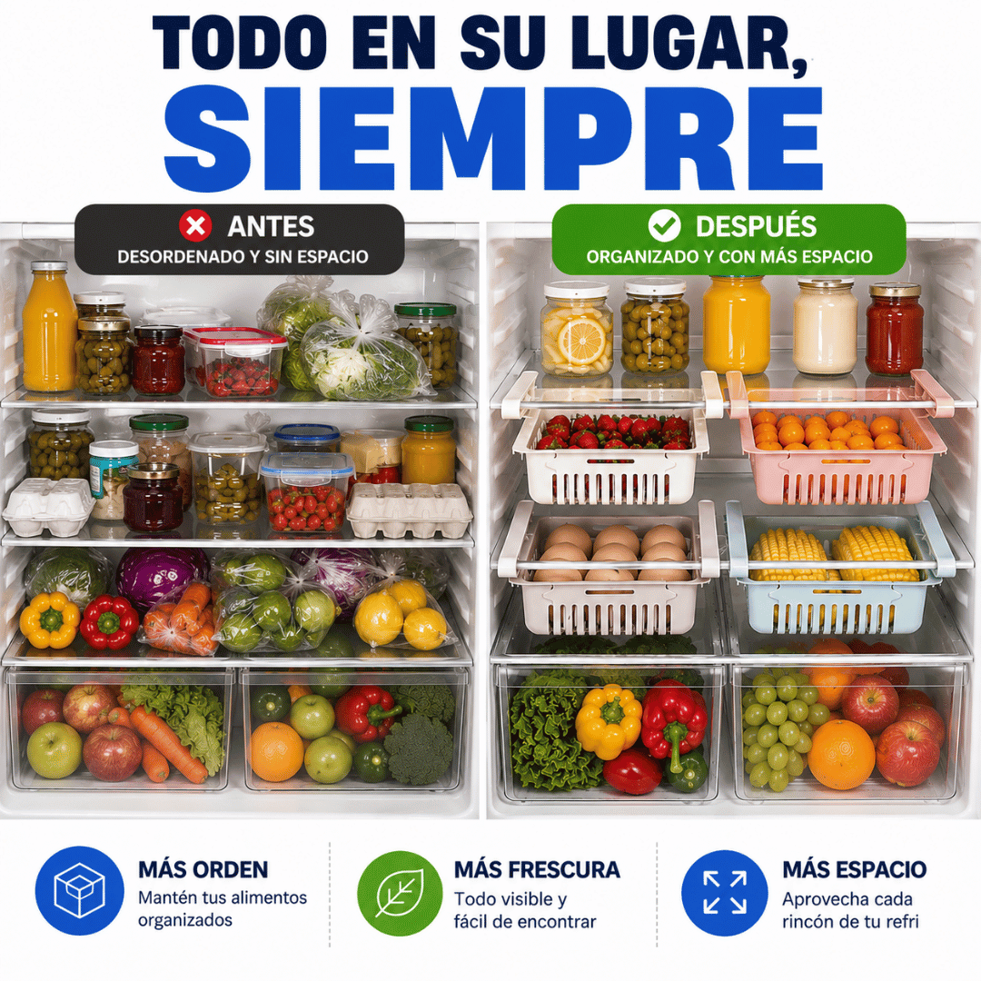 ¡Pack 4 Bandejas Extensibles para Refrigerador! - Duplica el espacio útil y mantiene tu refrigerador siempre organizado