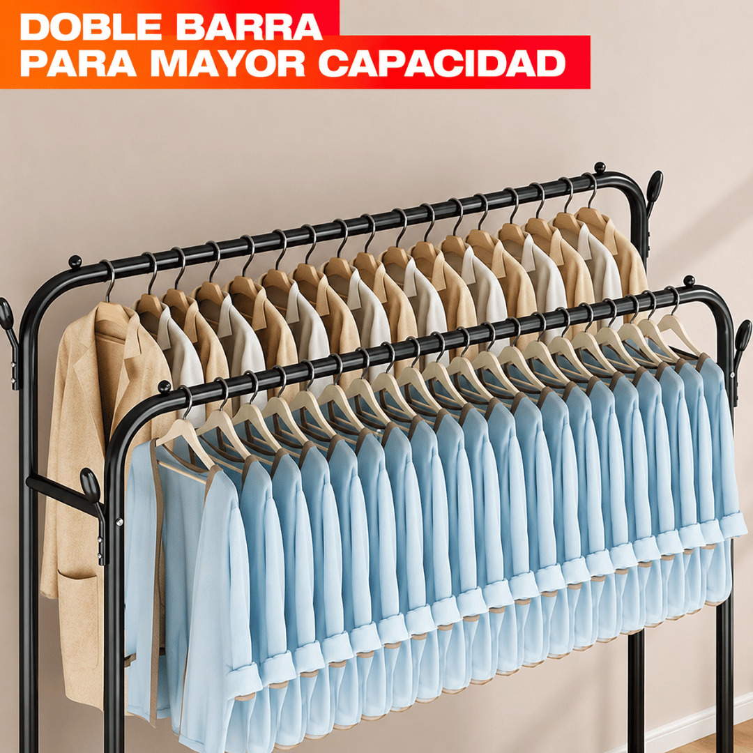 Perchero Metálico Doble Barra Con Ruedas - Organizador de Ropa y Zapatos | Más Espacio, Más Orden