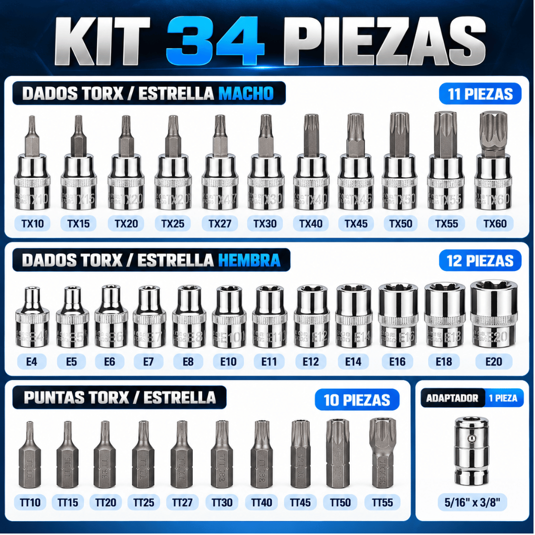 Juego Dados Hembra Macho 34 Piezas - Afloja y ajusta tornillos Torx con precisión y seguridad
