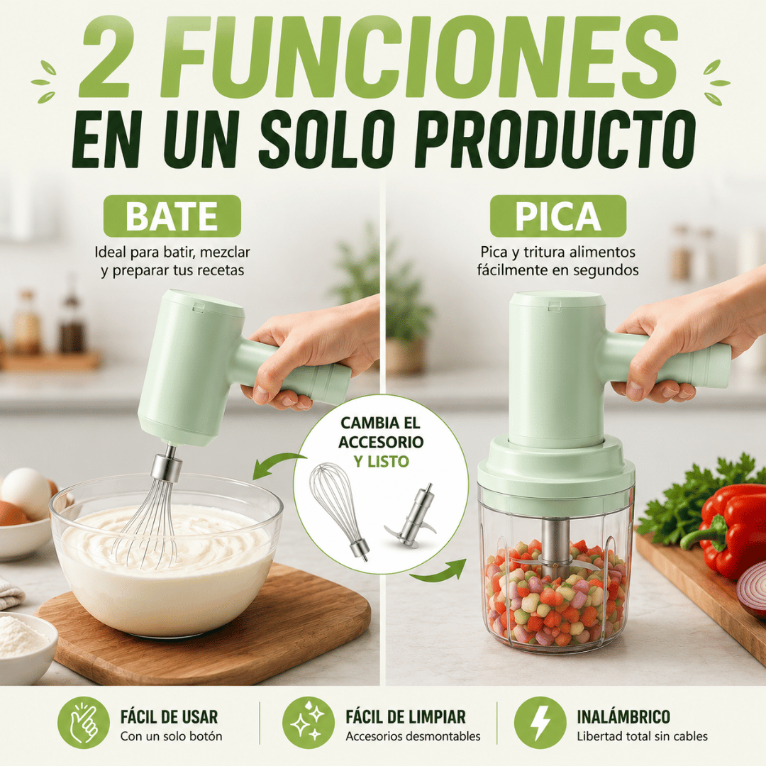 Batidora Eléctrica Inalámbrica 2 en 1 - Bate y pica tus preparaciones en segundos y sin esfuerzo