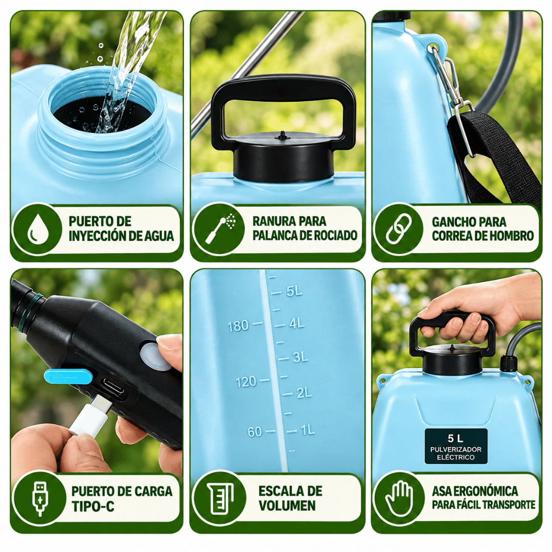 Pulverizadora de Agua Eléctrico Profesional 5 Litros - Riega tus plantas de forma práctica, rápida y sin esfuerzo manual
