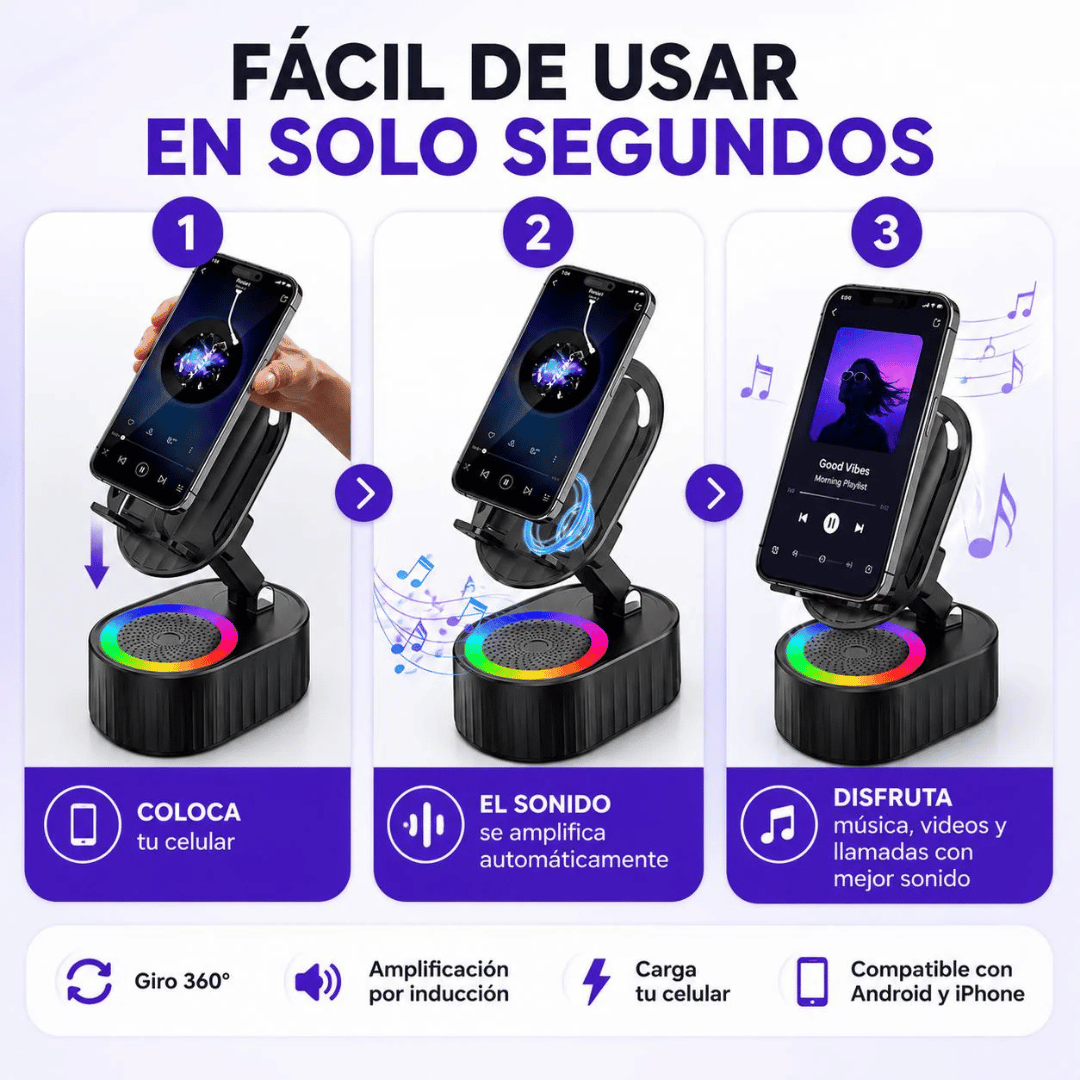 Soporte Parlante Inteligente de Inducción/Bluetooth - Disfruta tu música por inducción o Bluetooth en segundos