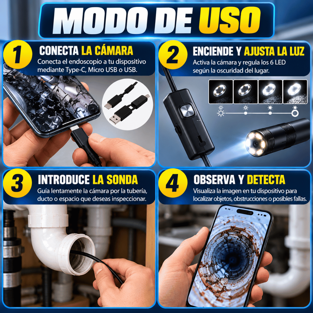 Camara Endoscopio Digital para Teléfono - Explora tuberías, ductos y espacios estrechos con claridad