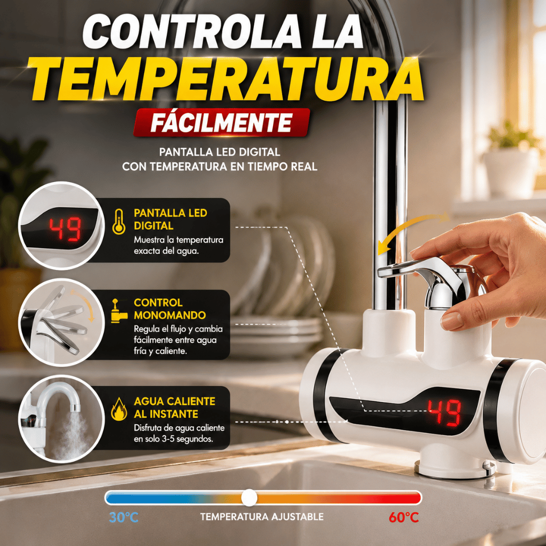 Grifo Calentador de Agua Eléctrico - Agua caliente al instante sin instalar un calefón