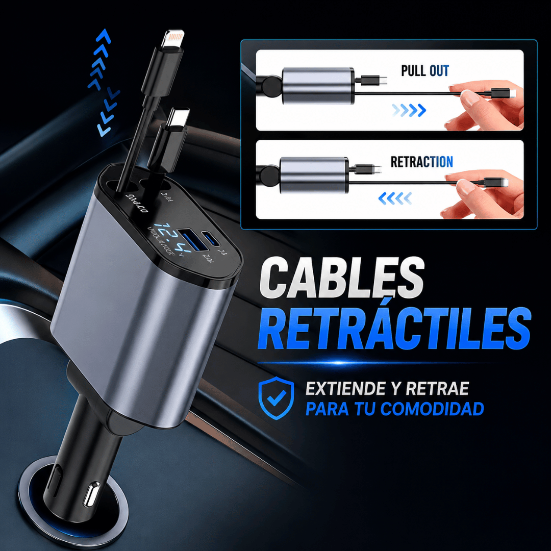 Cargador para Carro Retráctil 4 en 1 120W – Carga 4 Equipos Sin Cables Enredados
