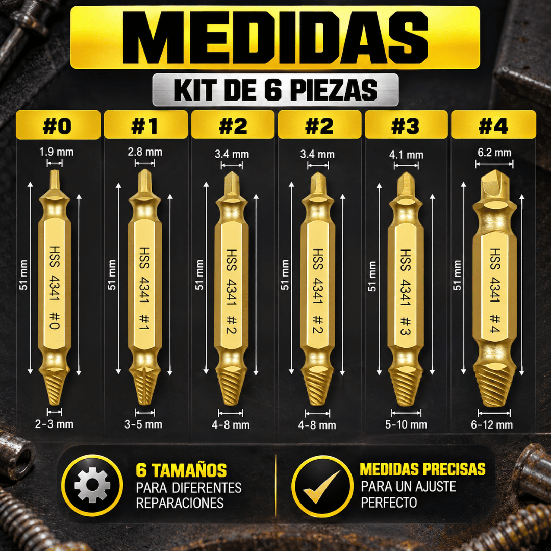 Kit Extractor Tornillos y Pernos Rotos - Extrae tornillos difíciles de retirar de forma sencilla
