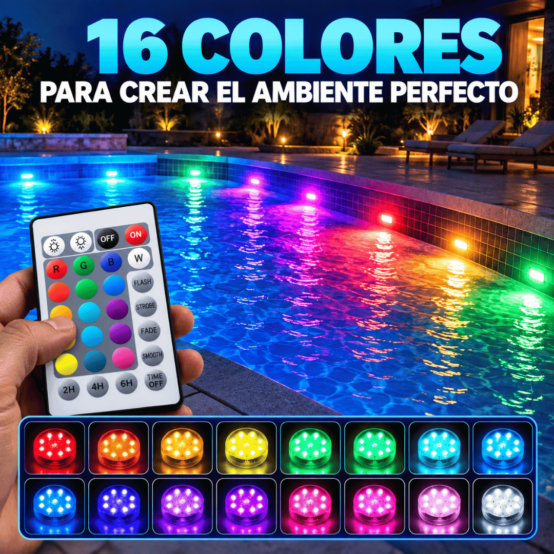 ¡Promo 2x1 Luces Sumergibles LED + Control! - Transforma tu piscina de noche con iluminación RGB llena de color
