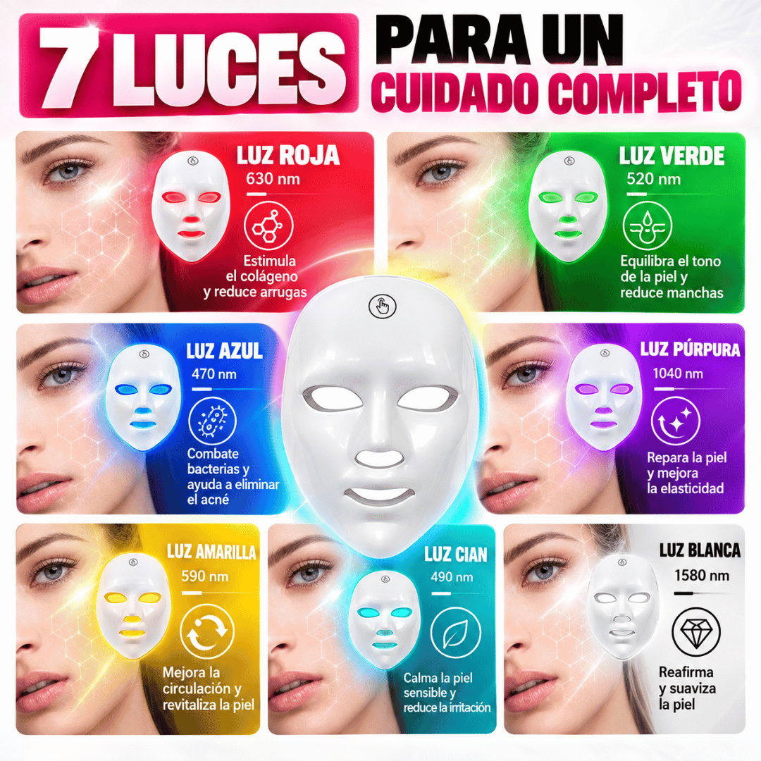 Máscara Facial Led 7 Colores - Fototerapia LED para una piel más firme y luminosa