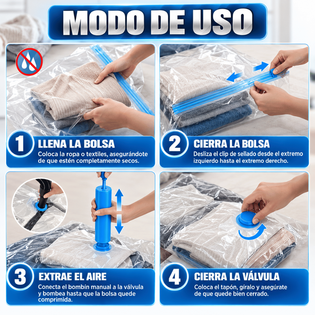 Pack 5 Bolsas De Vacío + Bombín - Más espacio en tu clóset comprimiendo ropa y textiles