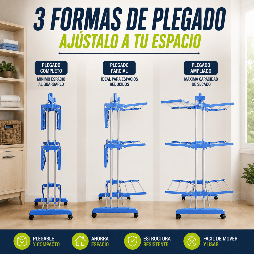 Tendedero Plegable 3 Niveles con Ruedas - Gana espacio y seca grandes cargas de ropa de forma práctica.