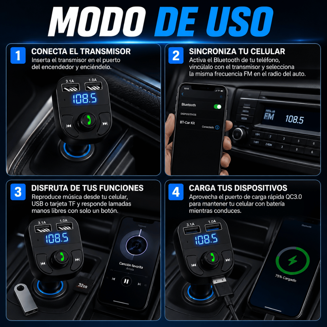 Transmisor Bluetooth para Autos - Actualiza tu auto antiguo en segundos y sin instalaciones complicadas