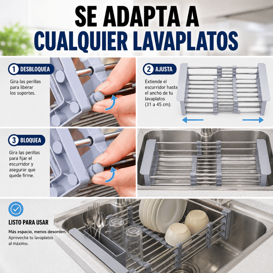 Escurridor Ajustable para Lavaplatos - Aprovecha al máximo el espacio sobre tu lavaplatos