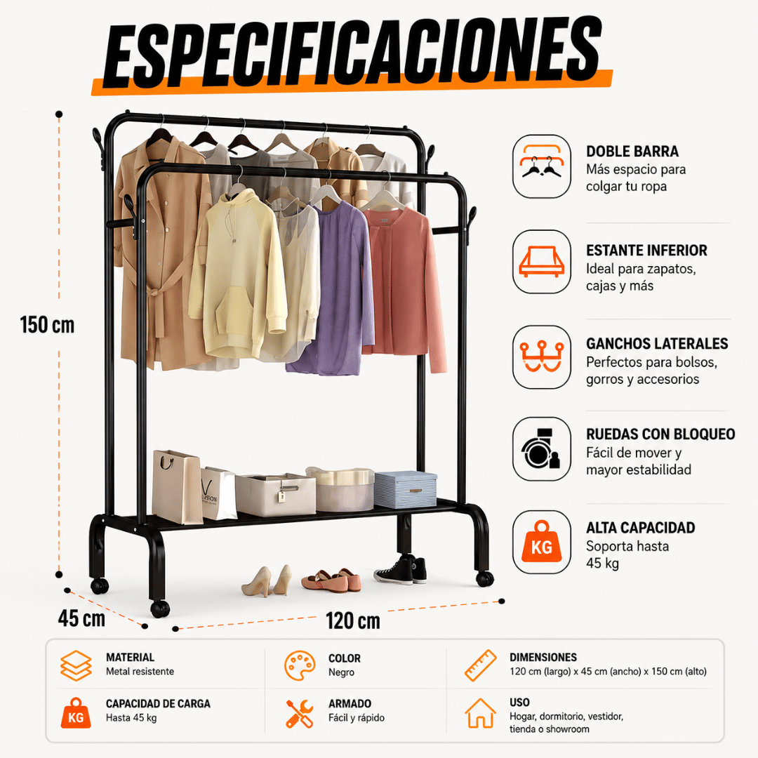 Perchero Metálico Doble Barra Con Ruedas - Organizador de Ropa y Zapatos | Más Espacio, Más Orden