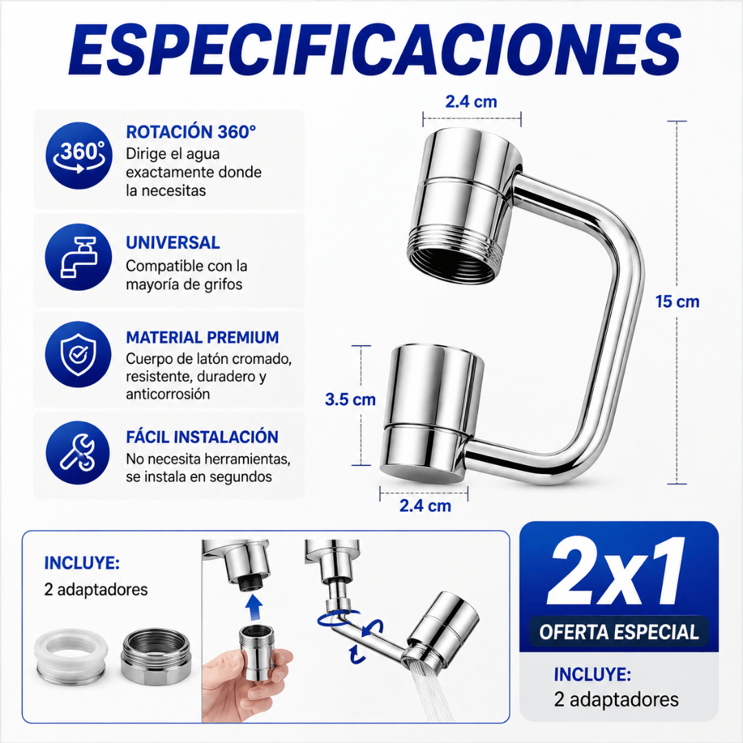 ¡Promo 2x1 Adaptador Grifo 1080°! - Alcanza todo el fregadero de forma cómoda y precisa