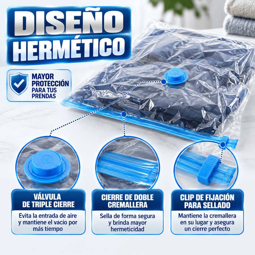 Pack 5 Bolsas De Vacío + Bombín - Más espacio en tu clóset comprimiendo ropa y textiles